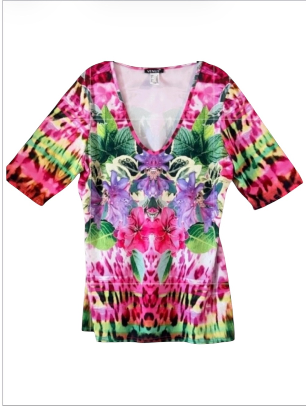 Venus Floral Animal Print V-Neck Top Short Sleeve Pink Multicolor Plus 1X